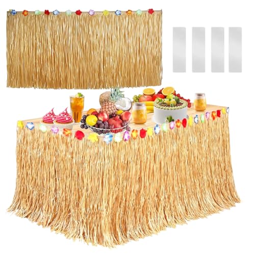 Fonyiunce Faldas De Mesa Hawaiana, 75 X 275 Cm, Festa Hawaiana Decoracion, Faldón De Hierba Amarillo Hawaiano, Diseño Floral Tropical, Para Fiesta Hawaiana, Fiesta Verano, Cumpleaños