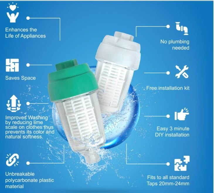 Image of Softwa Water Conditioner, Washing Machine, Dish Washer, Geyser Filter for Hard Water, Inlet Joint Filter Adapter for Top and Front Load, Protects from Limescales & Sediments (Green)