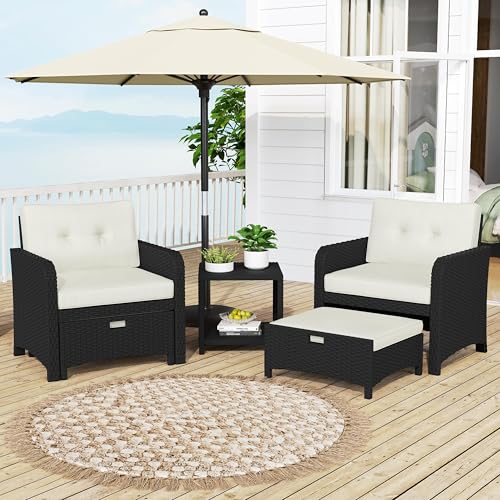 Yaheetech 5 Piece Patio Conversation Set with Ottomans, PE Wicker Balcony Furniture, Rattan Lounge Sofa with Cushions & Pillows, 2 Chairs & Side Table for Backyard, Porch, Garden, Black/Beige - Image 3