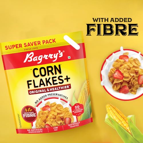 Image of Bagrry's Corn Flakes+ Original & Healthier 1.2kg | Added Fibre | Crunchy Breakfast Cereal | Delicious Golden Corn | Low Fat & Low in Glycaemic Index | Source of Protein | Toasted & Crunchy Corn Flakes | No Added Preservatives | No Artificial Ingredients
