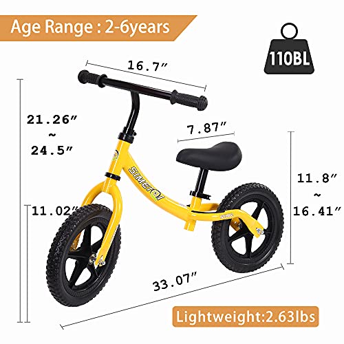 Simeiqi 12 Inch Balance Bike For Toddlers And Kids Ages 2 3 4 5 Years Old Lightweight Bike No Pedals Walking Balance Training Bicycle Adjustable Seat And Handlebar Height (Yellow) #TOP1