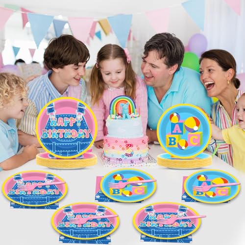 Image of 96 Pcs Girls Party Decorations Cartoon Teacher Plates and Napkins Happy Birthday Tableware Set Decor Supplies for Birthday Baby Shower Girl Cartoon Party Favors for 24 Guests