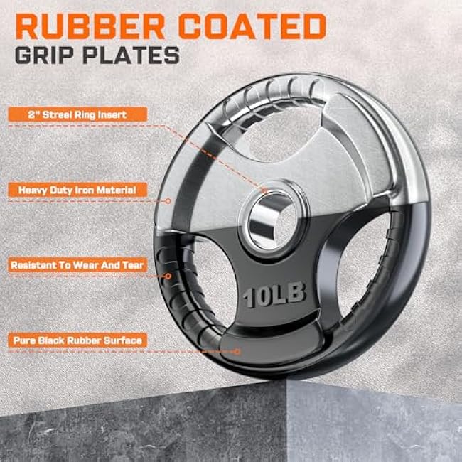 XDDIAS Rubber Weight Plates for Barbell, 2-Inch Olympic Grip Plate for Strength Training, Weightlifting and Bodybuilding in Home & Gym, Solid Cast Iron Weight Plates Pair and Sets