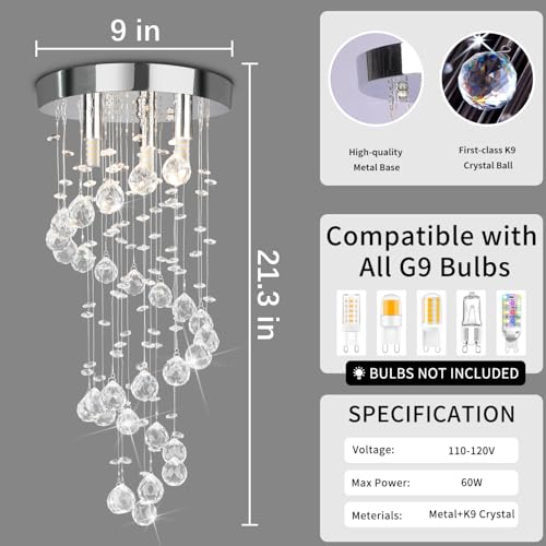 Image of 3-Lights Spairal Crystal Chandelier,Modern Raindrop Light Fixture Pendant Ceiling Mount Lamp Lighting Fixtures for LivingRoom, Bedroom, Bathroom D9 inch X H21.3 inch