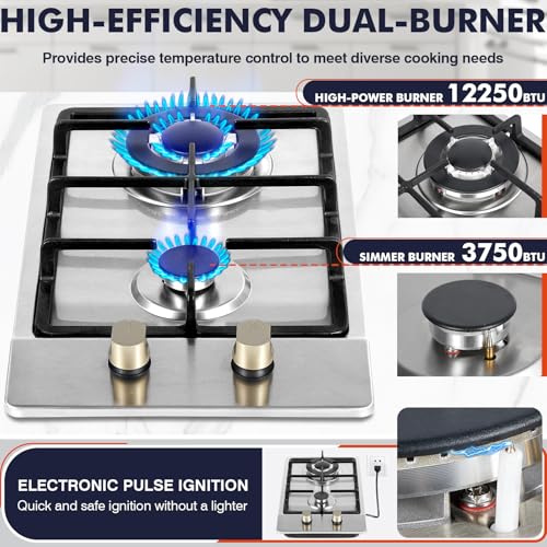 Image of Llamaviva Gas Stove 12 Inch, Propane Cooktop 2 Burner, Portable Gas Cooktop Stainless Steel, Dual Fuel LPG /NG Convertible with Thermocouple Safety Protection