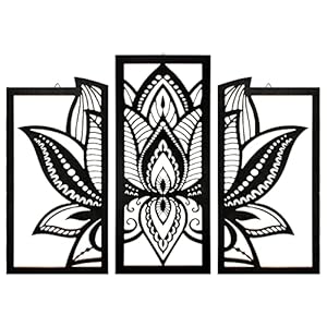 Maitys 3 Pieces Black Lotus Flower Wall Art Mandala Carved Wood Meditation Home Decor Wooden Mandala Wall Hanging Home Decoration Wooden Art Meditation Spiritual Decor