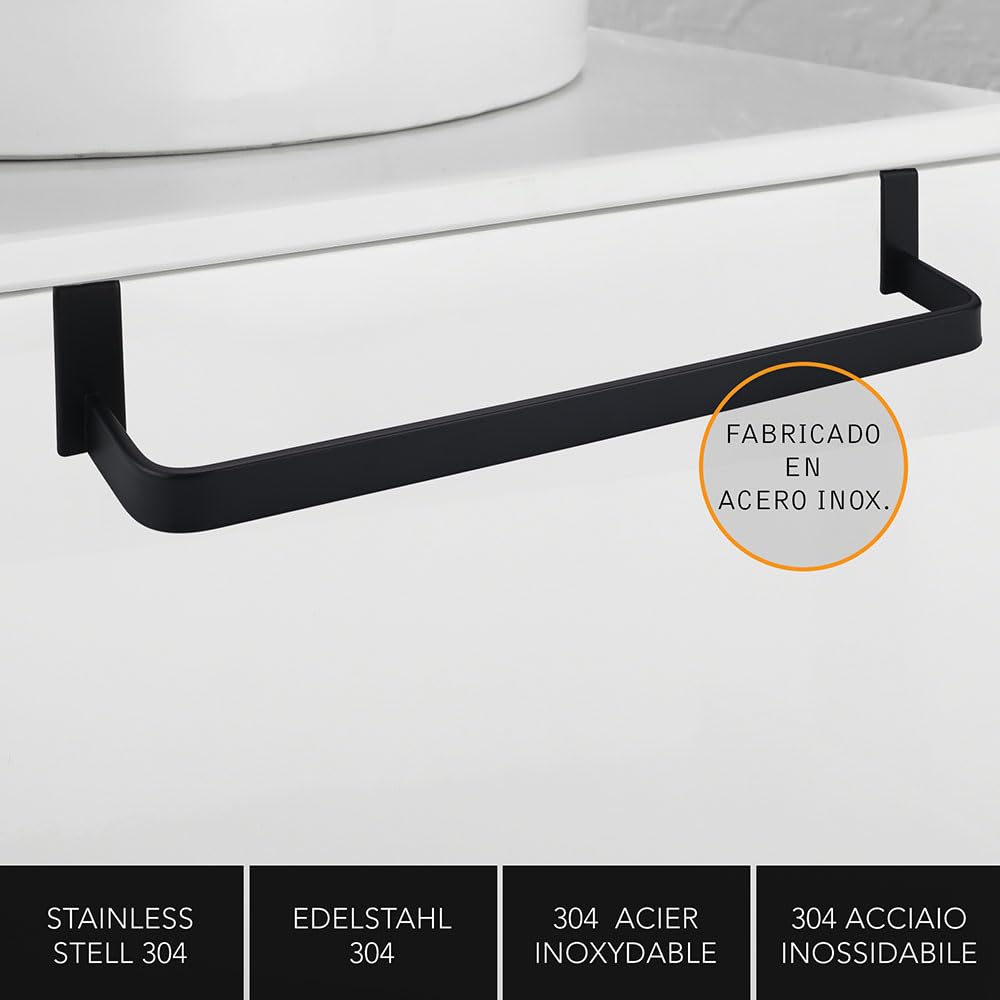 Kibath 438423 Toallero de Acero Inoxidable. Sin taladros para Mueble de baño. Acabado en Negro Mate. Largo 36cm. Colocación sin Necesidad de Herramientas, 36 cm
