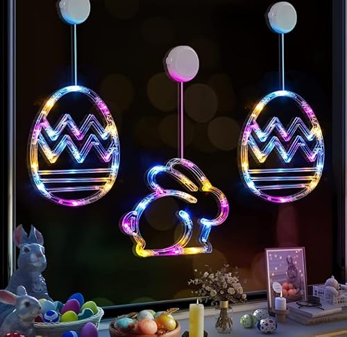 LOLStar Ostern Deko, Fenster Osterdekoration 2024, 3er Pack Ostereier, Hasen mehrfarbige Lichter mit Saugnapf, Timer-Funktion und langsames Überblenden, batteriebetriebene für die Osterhausdeko