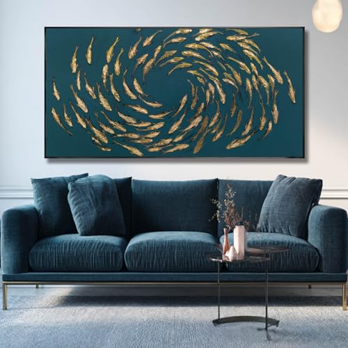 Image of Large Framed Wall Art Fish Gold Artwork Ocean Animal Canvas Print Pictures for Wall Fishes Golden Arts Home Decorations 29 inchx58 inch Ready to Hang