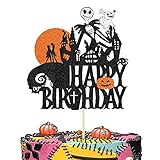 Picture of Halloween Cake Topper Glitter Happy Birthday Cake Topper Skull Ghost Pumpkin Cake Pick for Halloween Theme Bday Party Wedding Party Decorations