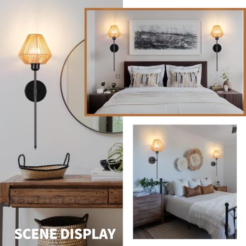 Image of Battery Operated Wall Sconces Set of 2, Rattan Rechargeable Wall Light Dimmable with Remote Control, 15 Color Changing and Timer, 24 inch Boho Black Gold Wall Lamps for Bedroom,Living Room