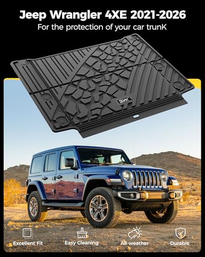 Image of 3W Cargo Liner Custom Fit for Jeep Wrangler 4XE 2021 2022 2023 2024 2025 2026 Hybrid 4 Door (Non JL or JK), All Weather Waterproof TPE Rubber Heavy Duty Trunk Mat, Black