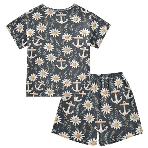 ALAZA Daisy Flowers Anchor Pajama Set Short Sleeve Sleepwear Soft Lounge Nightwear2