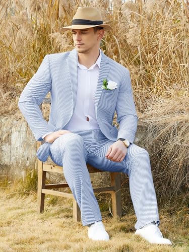 WEEN CHARM Men's 2 Piece Slim Fit Pinstripe Seersucker Suit Lightweight Breathable for Beach Wedding Summer Formal3