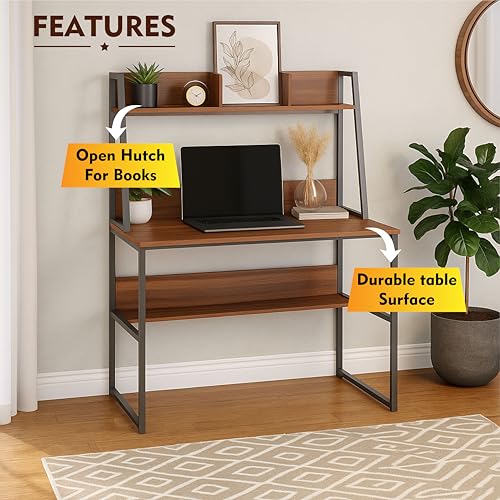 Image of Callas Office Study Table with Bookshelf & Storage Shelf - Black Metal Frame (Walnut, ST-21)