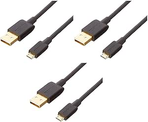 Amazon Basics 3-Pack USB-A to Micro USB Fast Charging Cable, 480Mbps Transfer Speed with Gold-Plated Plugs, USB 2.0, 3 Foot, Black