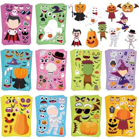 catnee Halloween Stickers for Kids 50 Sheets, Halloween Party Games Stickers, DIY Halloween Crafts Make a Face Halloween Stickers, Kids Halloween Toys Gifts Treats Decorations Activities Party Favors Cover