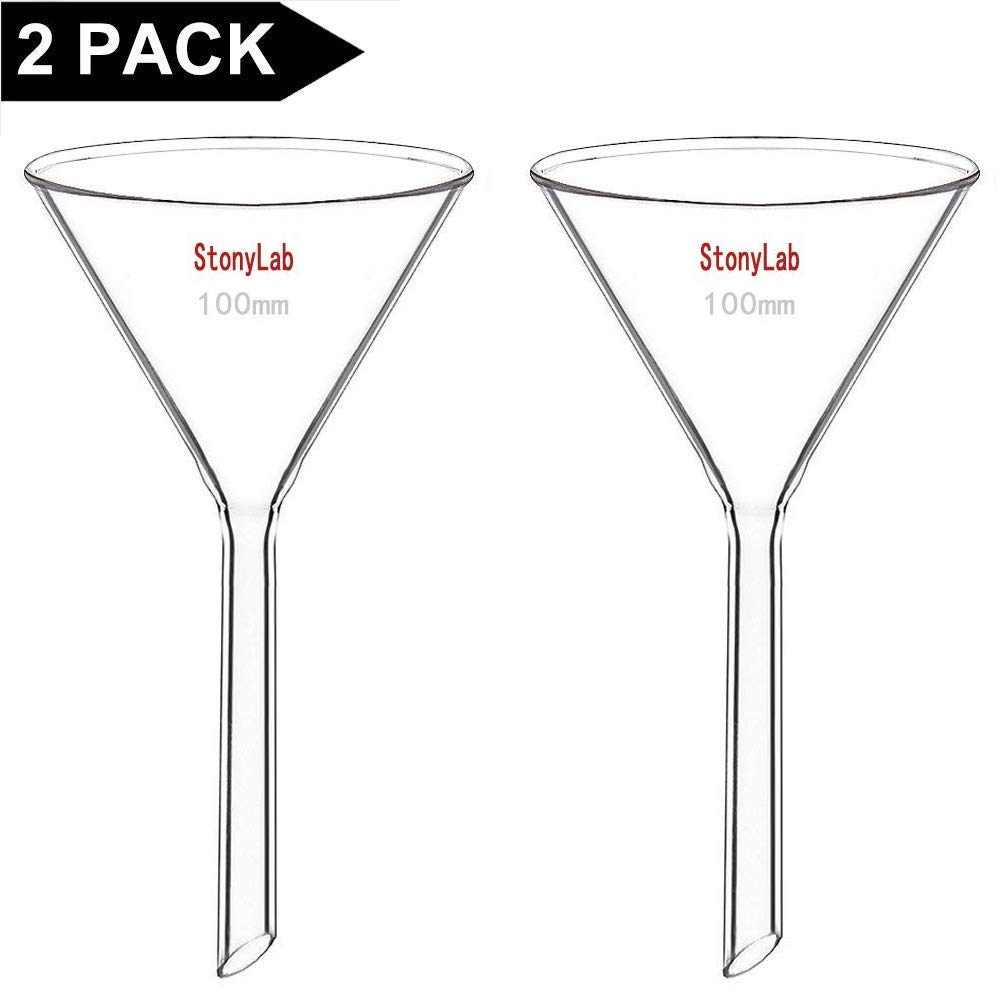 StonyLab 2-Paquet Entonnoirs en Verre Borosilicaté, Borosilicaté Glass Funnel, Tige Courte Diamètre de 100 mm, Longueur de Tige de 100 mm