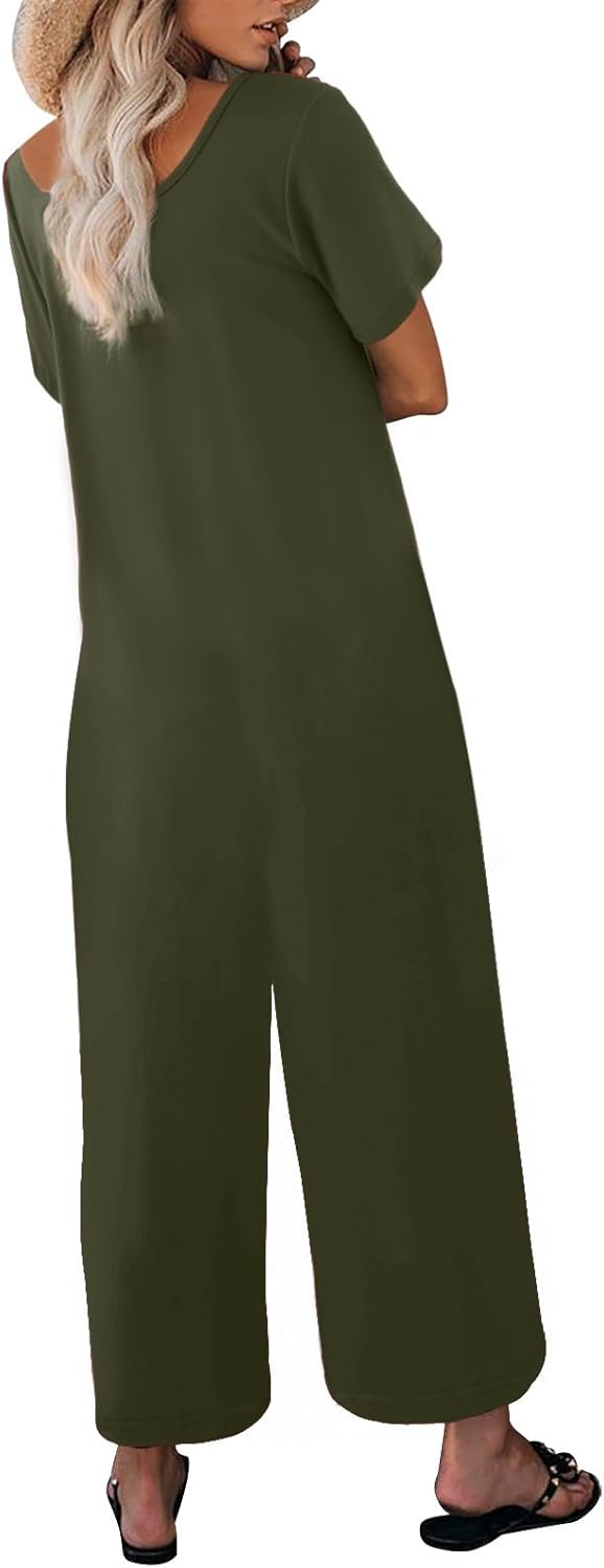 Womens Summer Casual Jumpsuit Short Sleeve Crewneck Long Pants Rompers Overalls with Pockets - Image 5