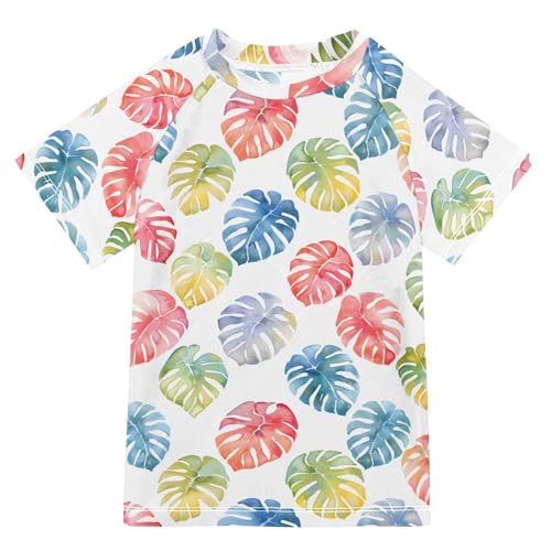 Boys Rash Guard Short Sleeve Swim Shirts for Boys Watercolor Monstera Sun Protection 7-8T