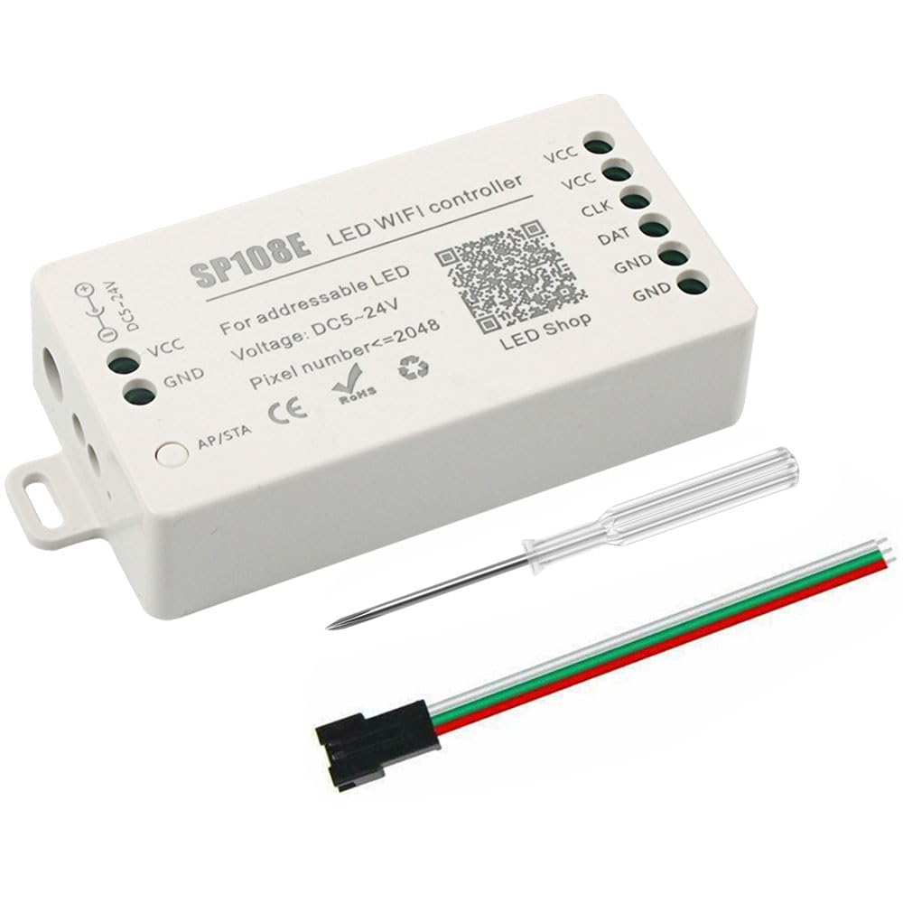 VIPMOON SP108E Contrôleur LED WIFI DC 5V-24V pour Bande LED IC SK6812 SK6812-RGBW WS2812 WS2813 WS2815 AL2815,180 modes dynamiques et DIY pour ajuster Couleur,Eclat,Vitesse,facile à utiliser.
