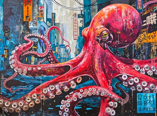 Cross & Glory 1000 Piece Jigsaw Puzzle for Adults | Octopus City: Neon Overlord | Marine Ocean Artwork Puzzle | Challenging Brain Teaser | Cyberpunk Ocean Art
