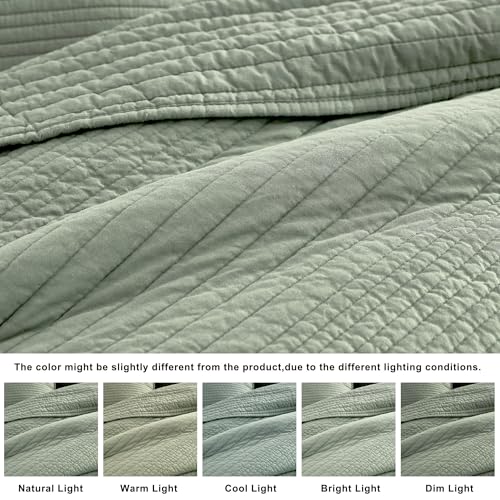 Image of palassio Striped Sage Green 100% Cotton Quilt King Size Bedding Sets, Lightweight Crinkly Channel Pick Stitch Textured Bedspread Soft Shabby Chic Farmhouse Country Coverlet for All Season, 2 Shams