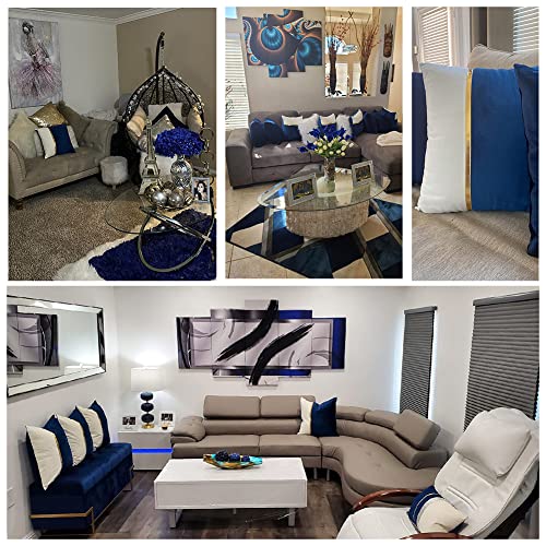 Image of Fancy Homi 2 Packs Decorative Throw Pillow Covers 18x18 Inch for Living Room Couch Bed, Navy Blue and White Velvet Patchwork with Gold Leather, Luxury Modern Home Decor, Accent Cushion Case 45x45 cm
