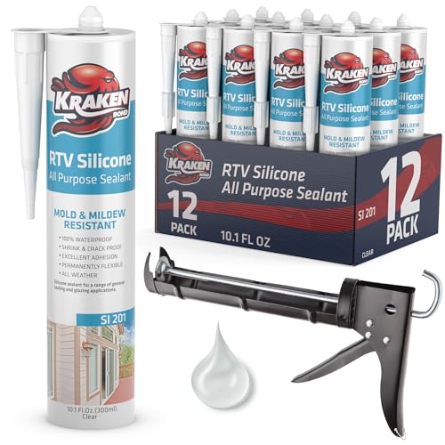 Image of Kraken Bond Clear Silicone Sealant Waterproof% 100-10 fl oz Cartridge - RTV Silicone Caulk Kitchen and Bathroom, All Purpose, Window Caulking Sealant Outdoor Exterior Use Silicon, Gun Incl - 12 Pack