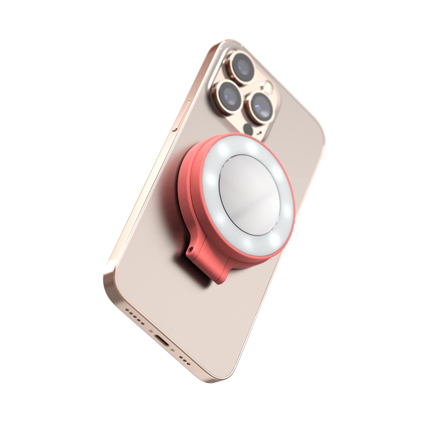 ShiftCam SnapLight lampa pierścieniowa LED do selfie z czterema ustawieniami jasności i wbudowaną baterią, magnetyczne mocowanie zatrzaskuje się na dowolnym telefonie, odchylana konstrukcja, różowa