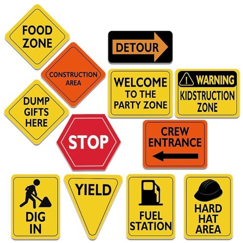 WERNNSAI Construction Party Decorations - 12 PCS Construction Birthday Party Supplies for Boys Kids Truck Birthday Cutouts Traffic Road Signs for Under Construction Party Baby Shower Wall Decor