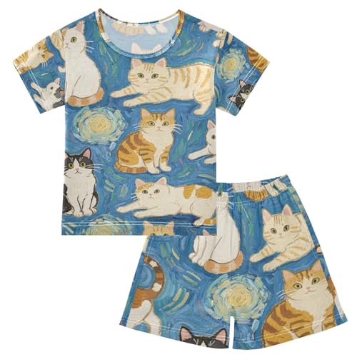 Boys Girls Short Sleeve Pajama Sets Lovely Sleepy Pjs for Big Girls Nightwear 5Y Blue Cat Art Painting pijama para ni?o de 10 a 12 a?os