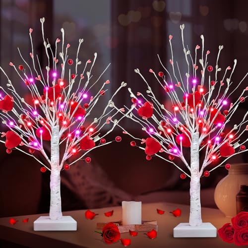 Valentines Day Decorations, Prelit Timer 2Pack Lighted Birches Valentines Tree with 12 Heart-Shaped 48 Red Berries, Battery Operated Artificial Tree 24 Red&Pink Lights Home Table Valentines Day Decor