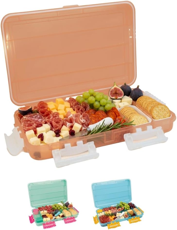 SubSafe Charcuterie Safe - BPA-Free, Food Safe Charcuterie Board with Lid & Handle - Portable Snack Tray Organizer with Dividers, Mini Containers & Cheese Knife - Dishwasher Safe - Peach Fizz
