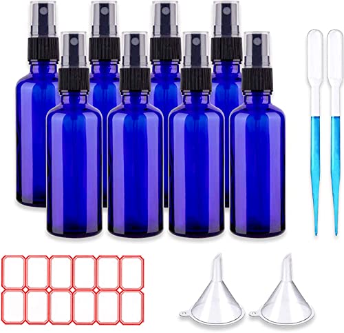 8 Pezzi Blu Bottiglie Spray Vetro 50 ml, con Vaporizzatore Fine e Spruzzatore Pompa di Metallo, per Profumo, Aromaterapia,Olio Essenziale