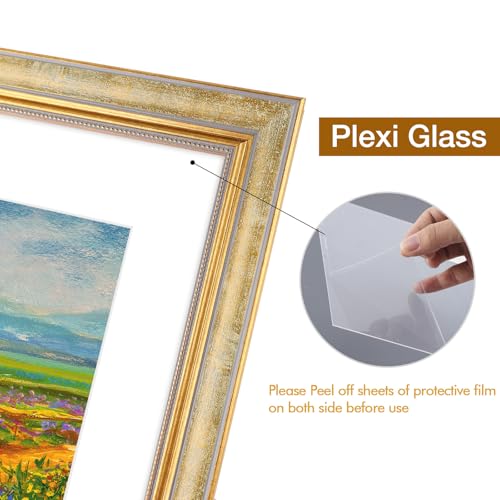 Image of Golden State Art,12x16 Ornate Picture Frame Holds 8x12 Photo,Vintage Gold | Includes plexiglass front,white mat,build-in hangers and buttons.Displays 8x12 photo on wall