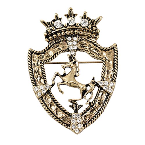 Image of Vintage Gold Tone Crown Horse Pin Brooch Retro Crystal Shield Badge Lapel Pin For Men Women