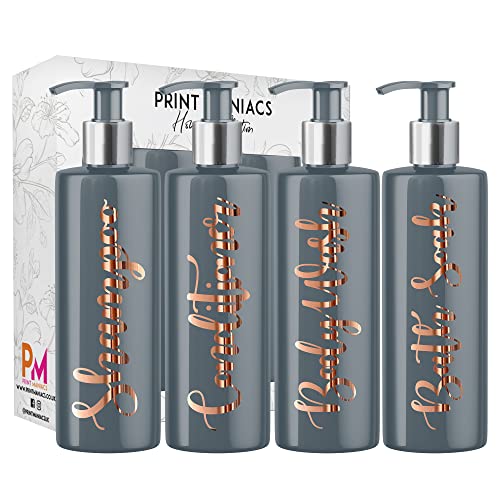 Print Maniacs Grey Mrs Hinch Inspired Personalised 500ml Pump Bottles Bathroom Set Shampoo Conditioner Body Wash Bath Soak (Copper)