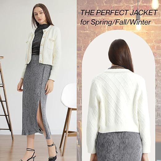 URBAN REVIVO Women's Knit Cardigan Sweaters Casual Long Sleeve Open Front Button Down Cropped Jackets - Image 5