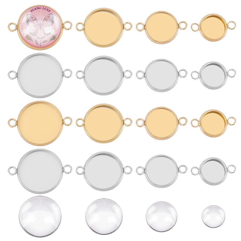 UNICRAFTALE About 40 Sets 4 Sizes 8/10/12/14mm Stainless Steel Cabochon Connectors Settings Golden & Stainless Steel Color Cabochon Pendant Bezel Trays with Blank Cabochon for Jewelry Making