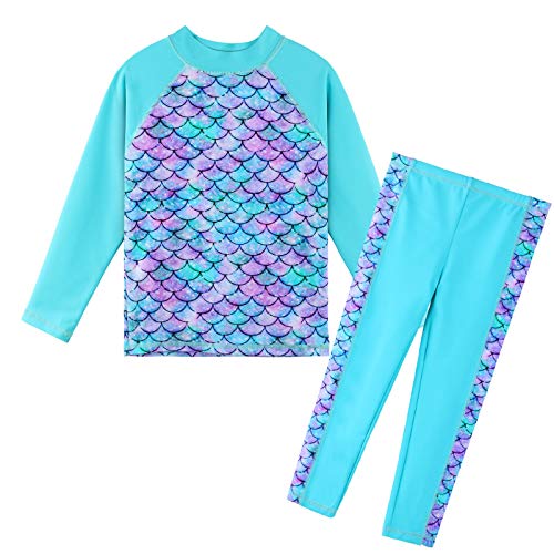 Image of TFJH E 2 Piece Long Sleeve Girls Swimsuits UPF 50+ Rash Guard Sets Bathing Suits Beachwear 313 Cyan Scale Long 8A