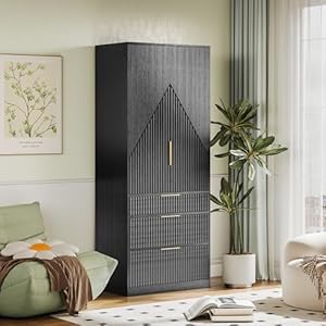 71.7″ Wardrobe Armoire Wooden Closet with 2 Doors and 3 Drawers, Bedroom Armoire with Hanging Rod Shelf, Large Capacity Storage Wardrobe Armoire, Freestanding Wooden Closet Storage Cabinet Black
