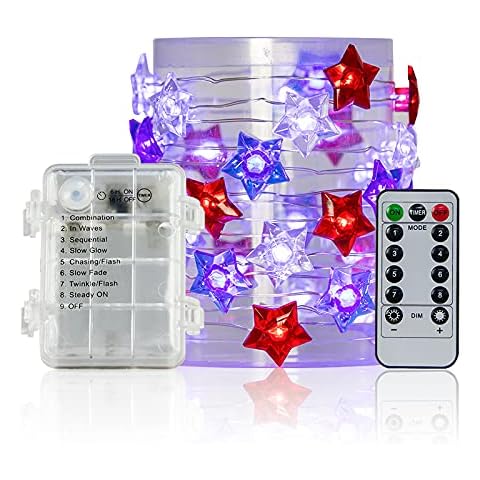 DmHirmg Independence Day Decor String Light,4th of July Decoration String Lights with Remoter USB and Battery Charge,Party Decorations Battery Operated for Party Favors Supplies (Blue+Red+White) Cover