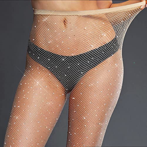 LUCKELF Sexy High Waist Tights Sparkle Rhinestone Fishnets Party Rhinestone Mesh Stockings (Free Size, Natural) by LUCKELF - Used condition - Image 5