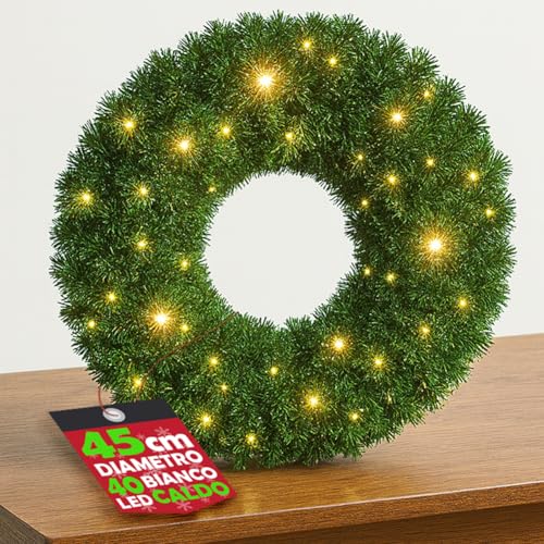BAKAJI Ghirlanda Natalizia Verde con LED Bianco Caldo, Corona Addobbo di Natale Luminoso per Interni ed Esterni, Decorazioni Natalizie Luminose Fuoriporta, Sopra Camino, Versatile (45 cm)