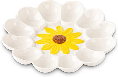 YU&CH Ceramic Sunflower Deviled Egg Tray - White Egg Platter