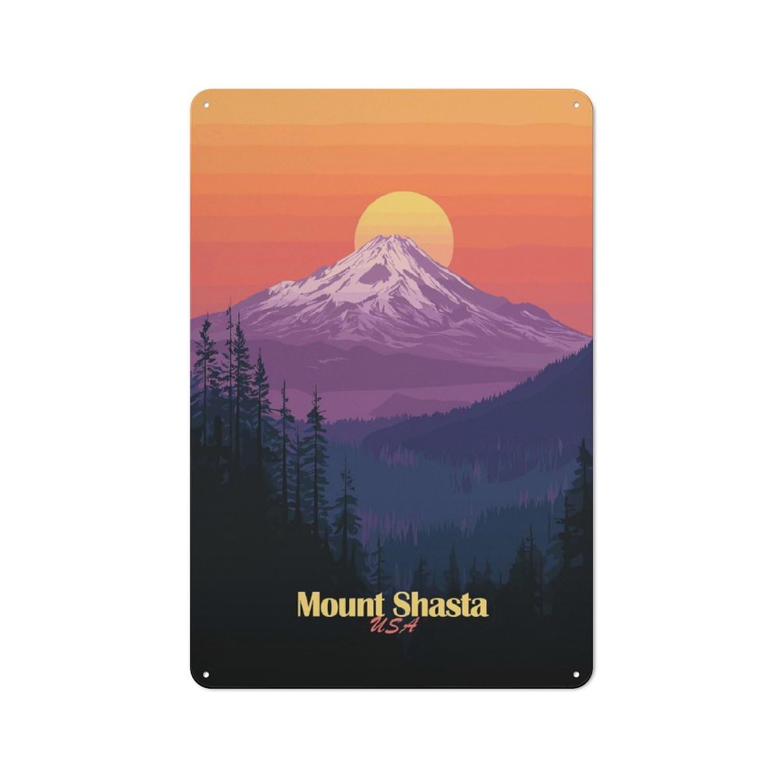 Mount Shasta Sunset Metal Wall Plaque 30x20cm, Character Room Wall Plaque for Hallway, Home Bar, Garage Or Study