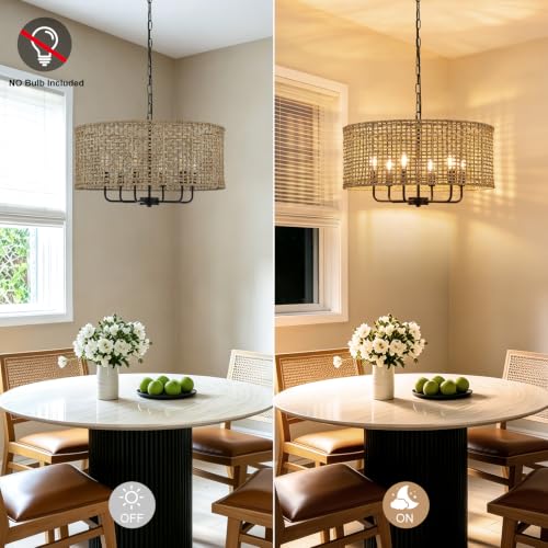 Image of 23.6 inch Large Rattan Chandelier, 6-Light Black Wicker Light Fixture