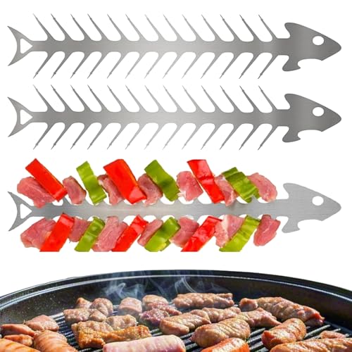 Omnikryp 3 Piezas Pinchos, Brochetas de Barbacoa con Forma de Pez de Acero Inoxidable, 30cm Pinchos para Barbacoa Reutilizables, Kebab Plano para Cocina, BBQ, Fiestas Jardín, Verduras, Frutas, Carnes
