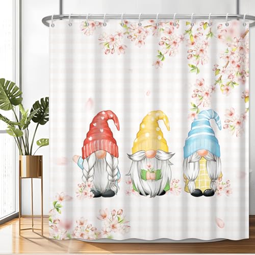 Fabric Shower Curtain with Hooks Waterproof & Washable & Polyester Spring Pink Gnome Cherry Floral Shower Curtains for Bathroom Funny Cute Anime Rusitc Bathroom Curtain House Gift 71x74 Inch